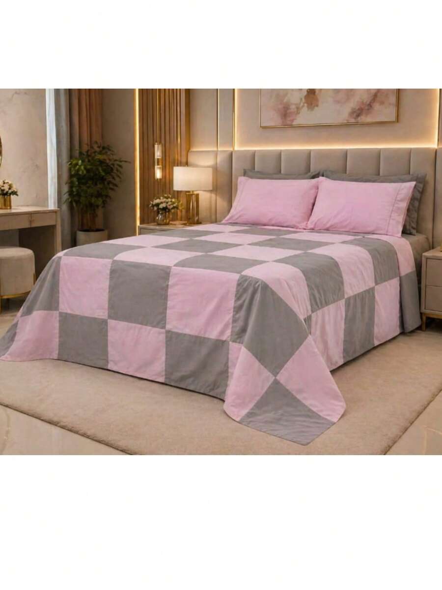 Colcha Casal Queen Patchwork Algodao 180 fios Artesanato da Vovó Rosa e Cinza