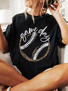 Game Day Baseball Baseball Life Softball Life For Mom T-Shirt Print T-Shirt Casual Crew Neck Short Sleeve Comfort Tee Top For Spring & Summer Women's Clothing-Cozy Summer Essential & Casual Chic - Black - View 7