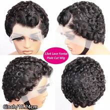 AMECIRE 13x4 Short Curly Pixie Cut Human Hair Full Lace Frontal Wig, Pre-Cut Layered Deep Wave Pixie Cut Human Hair Wig, Suitable For Daily Wear, Cosplay, Party, Music Festival - Natural Black - View 5