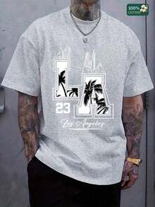 Men's Classic LA 23 Los Angeles Skyline & Palm Tree Graphic T-Shirt, Retro Bla & White Print, Soft  Cotton, Casual Summer Everyday Wear For Men Who Love City Vibes, All-Day Comfort With Classic Fit - Xám - Xem 6