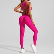 2-Piece Seamless Back Yoga Suit Set, Sports Underwear Women's High Waist Peach Hip Fitness Yoga Pants - Áo ngực hở lưng và quần yoga màu đỏ hồng tuyệt đẹp. - Xem 6