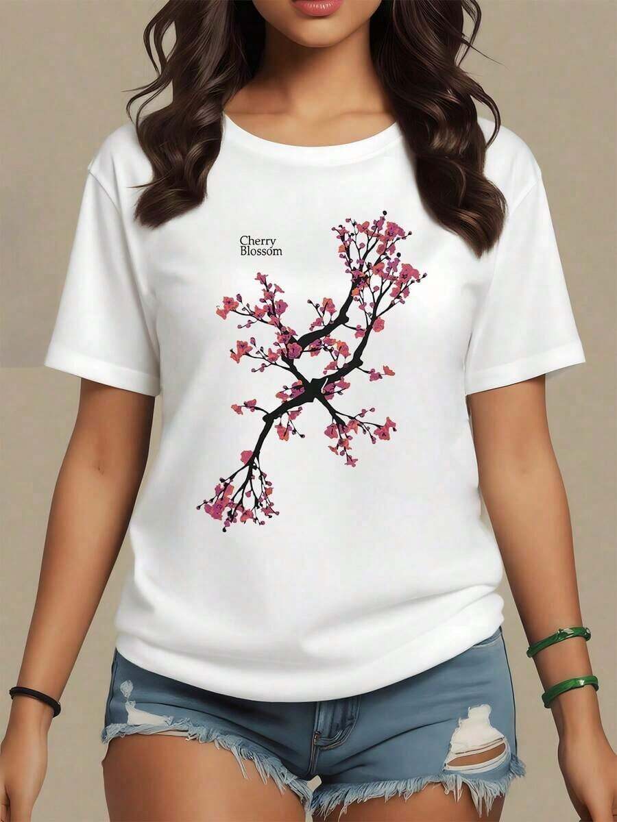 Cherry Blossom Branches Symbolizing Renewal And The Ephemeral Beauty Of Life With Pink Petals Spread On A White Background. Women's T-Shirt 100% Cotton 220g, Maija Curvy Women. - 白色 - 查看 1