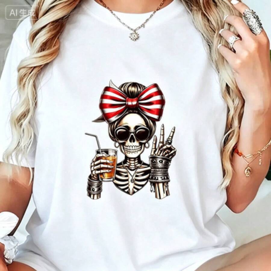 Camiseta Unisex Elegante con Estampado Tropical Ideal para Vacaciones y Fiestas de Halloween y Día de la Independencia de México - Blanco - Ver 1