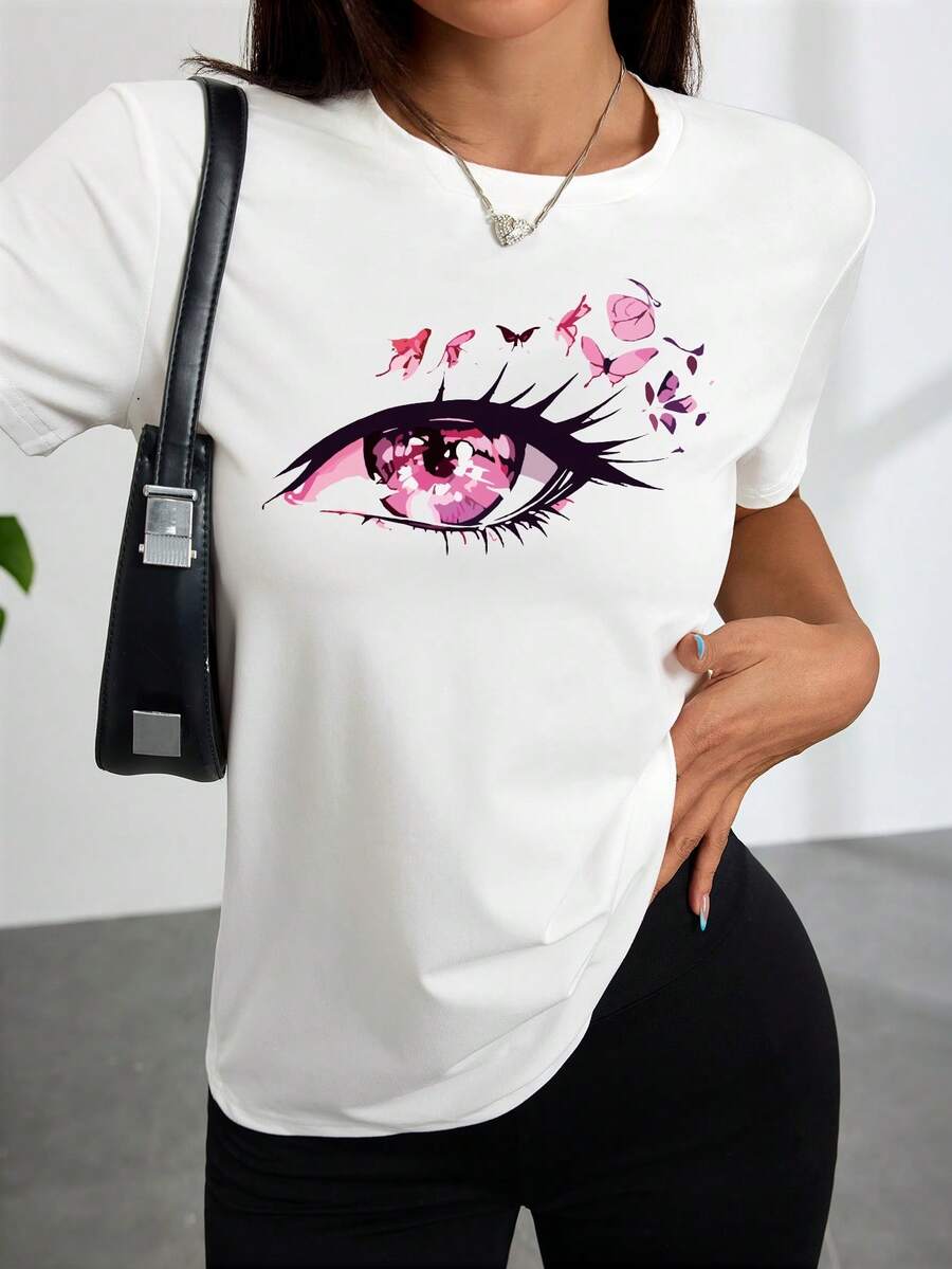 Camiseta de moda de mujeres blanca frontal impresión ojo y diseño cómodo desgaste casual para las salidas cotidianas y el estilo cajero