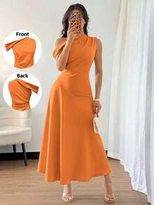 Elenzya Vestido elegante, de moda y lindo de estilo bohemio francés con volante asimétrico en el hombro y diseño entallado y acampanado en color verde macaron, adecuado para ocasiones de verano como vacaciones, graduación, Día de la Independencia, citas, vacaciones - Naranja - Ver 6