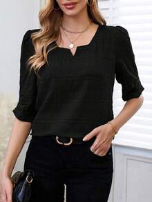 Camisa de mujer con cuello en V y estampado floral, de uso casual y versátil para el día a día - Negro - Ver 3