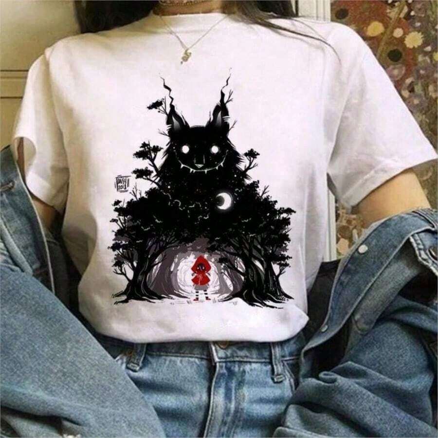 COOL SUMMER Harajuku Kawaii T-Shirt Anatomy Ofs Fox Cat Graphic Tees Camisetas para Mujer, Estética, Cuello Redondo, Ropa de Verano para Mujer - Estilo Vintage Urbano, Unisex, Camiseta - Blanco 23 - Ver 1