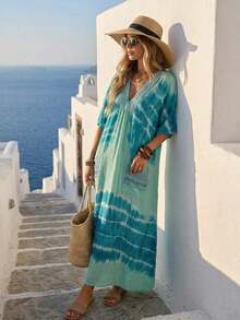 Vestido largo casual de mujer con estampado de teñido anudado, cuello en V verde, kimono de manga corta, bajo asimétrico, vestido de verano tipo kaftan para mujer, atuendo de playa, estilo mediterráneo, ropa bohemia - Verde 2 - Ver 4