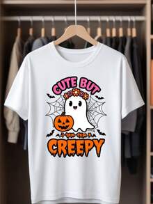 Camiseta linda y ala de murciélago - eslogan lindo pero espeluznante con tela de araña y diseño de murciélago - camiseta de manga corta de uste suelto blanco - tre de verano y otoño informal transpirable - perfecto para Halloween y regalo de Navidad (tre espeluznante lindo) - - Blanco - Ver 2