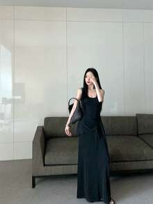Women's Halter Neck Dress, Dark Greyish Green, Knit Design With Knot At The Waist And Decorative Ribbons, Fitted Stretch Fabric, Modern Elegant Style, Ideal For Everyday Wear. - 黑色 - 查看 7