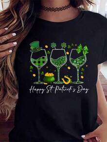 1 Piece St. Patrick's Day T-Shirt For Women, Lucky Shamrock And Wine Glass Design, St. Patrick's Day Celebration T-Shirt For Women, Green Irish Party Clothes, 210g, 100% Cotton, Designs Are Printed. Unisex. - 黑色 - 查看 5