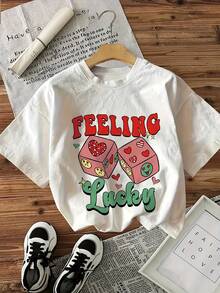 Camiseta Casual de Manga Corta con Cuello Redondo para Mujer - Estampado de Dados y Corazones "Feeling Lucky", Suave y Cómoda, Lavable a Máquina, Blanca con Detalles Coloridos, Perfecta para Primavera y Verano, Comodidad Diaria, Corte Relajado, Tela Cómoda, Camiseta Y2k - Blanco - Ver 1