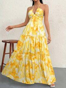 Vestido de gasa con cuello halter y espalda descubierta con nudo para mujeres, ideal para resort, boda y eventos - Multicolor 3 - Ver 4