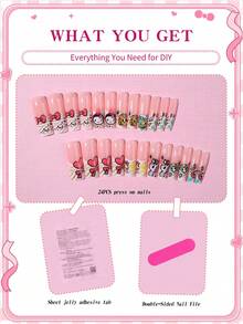 SANRIO Bộ 24 miếng dán móng tay gel 3D hình vuông cỡ trung bình, họa tiết Hello Kitty, sư tử, da báo, sao, nơ, trái tim, quái vật và kim cương theo phong cách Cyberpunk, vừa vặn hoàn hảo với móng tay acrylic, bao gồm 1 lọ keo và 1 dũa móng, phù hợp cho phụ nữ và các cô gái sử dụng hàng ngày và trong các bữa tiệc. - Nhiều màu - Xem 4