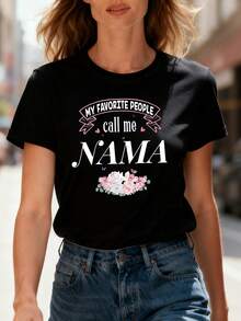 Día de la Madre MI PERSONAS FAVORITAS Llámame NAMA Camiseta de Mujer con Estampado y Cuello Redondo de Manga Corta, Regalo Casual para Compras y Vacaciones, Perfecta para Reuniones de Amigas y Vacaciones - Negro - Ver 1