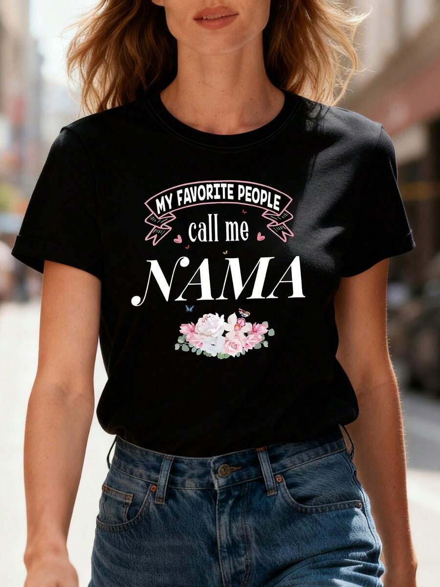 Día de la Madre MI PERSONAS FAVORITAS Llámame NAMA Camiseta de Mujer con Estampado y Cuello Redondo de Manga Corta, Regalo Casual para Compras y Vacaciones, Perfecta para Reuniones de Amigas y Vacaciones - Negro - Ver 1