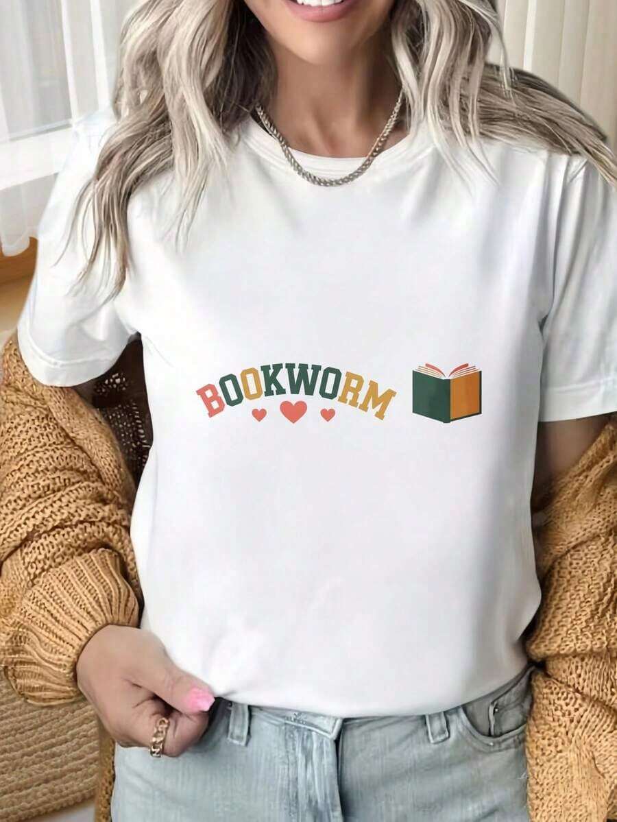 Camiseta de Mujer con Estampado Gráfico, Algodón Ligero, Verano. Camiseta de Manga Corta con Cuello Redondo y Estampado Interesante para Mujer. Camiseta "Bookworm" con Diseño de Libros y Corazones para Amantes de la Lectura. Ropa Casual para Mujer. Adecuada para Fiestas de Navidad, Actividades Deportivas, Fiestas de Vacaciones, Salidas, Deportes y Otros Regalos Festivos (220g).Oversize Camiseta Mujer Estampado 100% Algodón Puro - Blanco - Ver 1
