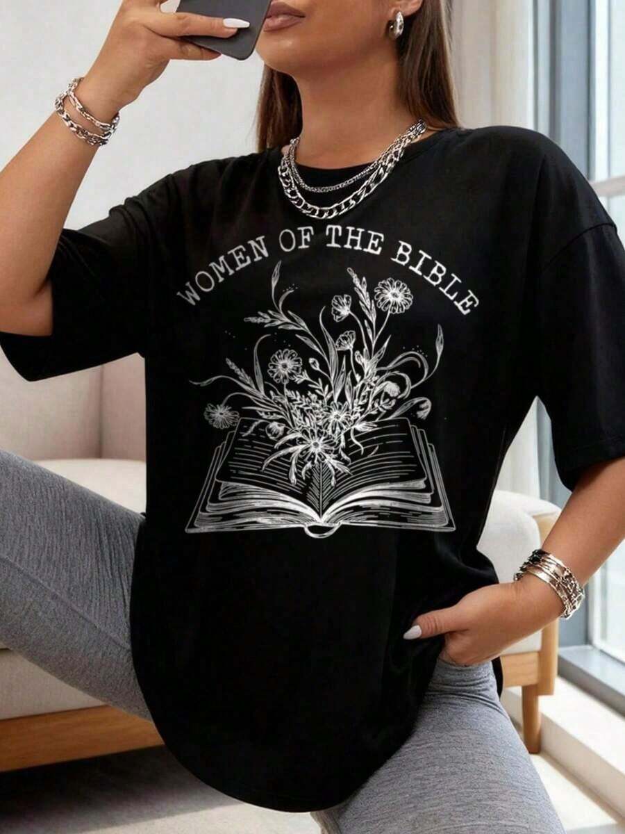 1 pieza de camiseta de estilo oversize para mujer, con el texto del Salmo 23 "El Señor es mi pastor", camiseta con escritura clásica para quienes buscan comodidad, perfecta para el uso diario y servicios religiosos, camiseta oversize para mujer, ideal para fiestas navideñas o como regalo, suave y cómoda, 180g 100% algodón, todos los diseños están impresos. Unisexo. - Negro - Estilo 3 - Ver 1