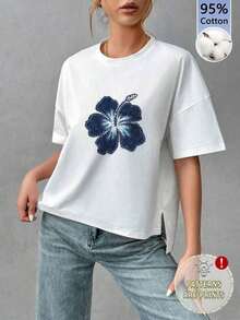 Camiseta holgada de estilo minimalista casual para mujer, con parte delantera corta y parte trasera larga, versátil para usar en la calle, adecuada para primavera y verano - Blanco 2 - Ver 1