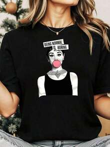 CAMISETA DE MUJER CON DIVERTIDO EMBELLEZMO Y ESTAMPADO DE AUDREY - TOP HEPBURN GIRL TEE 100% ALGODÓN - Negro - Ver 1