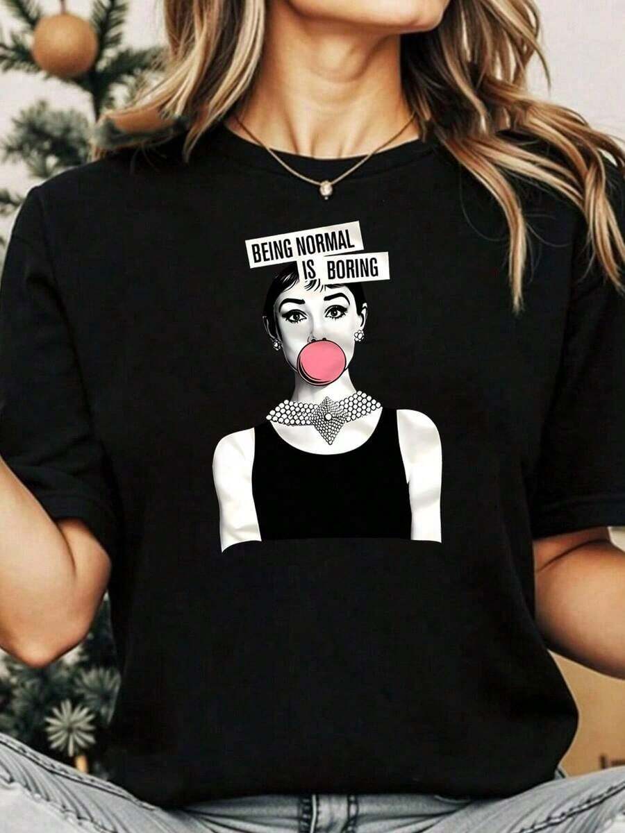 CAMISETA DE MUJER CON DIVERTIDO EMBELLEZMO Y ESTAMPADO DE AUDREY - TOP HEPBURN GIRL TEE 100% ALGODÓN - Negro - Ver 1