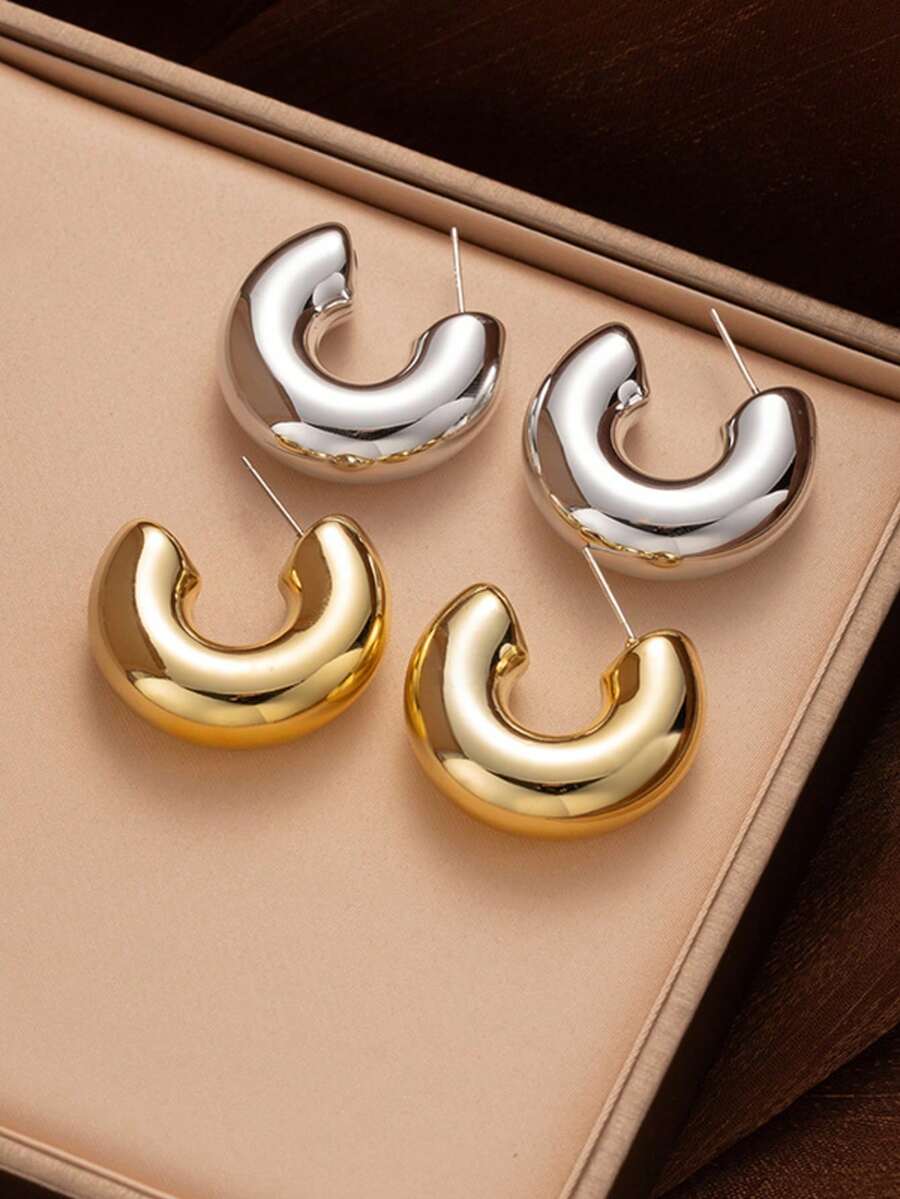 2对装时尚C形光滑耳环套装（女士款） - 彩色 - 查看 1