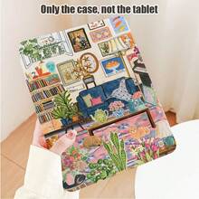 1個翻蓋式桌面保護殼，附筆槽、書架與書籍、檯燈、沙發、植物、狗與貓圖案，360度旋轉支架，內建筆槽，PU皮革保護殼附支架，自動休眠/喚醒功能，相容於Honor////Apple/Etc.及熱門機型，適合返校、情人節、節日禮物 - 彩色 - 查看 1