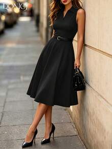 DONICY Damen schwarzes ärmelloses Maxi-Kleid mit Kragen, Bindegürtel und Glockenrock, modisch und elegant für Frühling/Sommer, geeignet für Dates, Ausflüge, Urlaub, Hochzeiten und Gästeoutfits - Schwarz - Übersicht 8