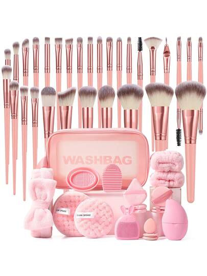 49PCS Makeup Tools Set Including:30PCS Makeup Brush Set+1pc Multi-Functional Zipper Toiletry And Cosmetic Bag Waterproof+3PCS Triangle Powder Puffs+3PCS Mini Air Cushion Powder Puffs+3PCS Air Cushion Powder Puff+2PCS Facial Cleansing Sponges+2PCS Hand Bowl Strap+1pc Hairband+2PCS Makeup Brush Cleaning Tools+1pc Silicone Soft Hair Facial Tool+1pc Facial Ice Compress
