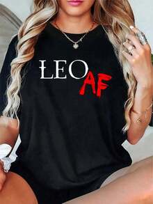 Leo AF Minimalist T-Shirt With Zodiac Sign - 100% Cotton Graphic T-Shirts For Women, Summer Clothing - Unisex Vintage Urban Style, Loose Fit Short Sleeve Cotton Crew Neck T-Shirt - 黑色 - 查看 1