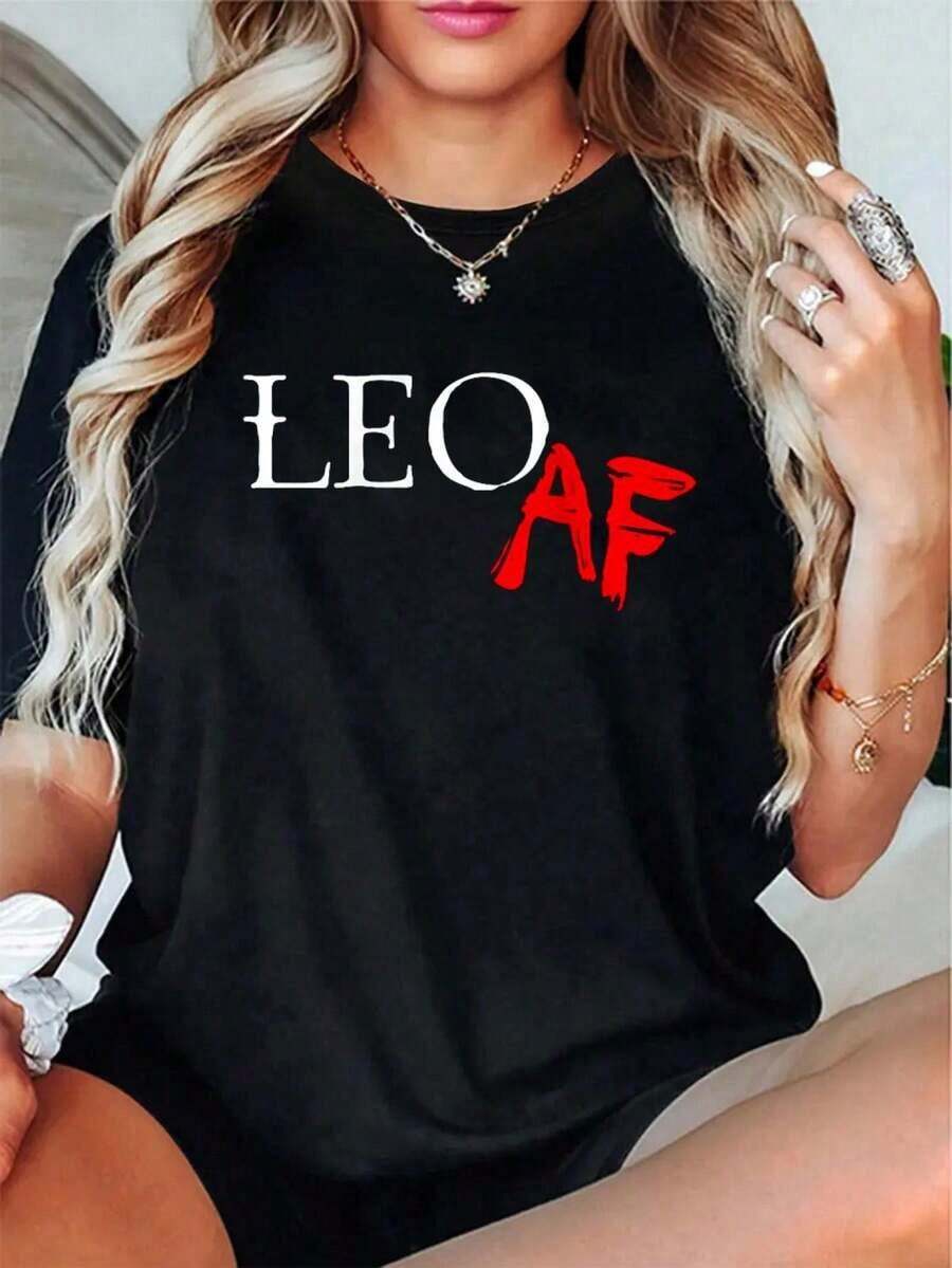 Leo AF Minimalist T-Shirt With Zodiac Sign - 100% Cotton Graphic T-Shirts For Women, Summer Clothing - Unisex Vintage Urban Style, Loose Fit Short Sleeve Cotton Crew Neck T-Shirt - 黑色 - 查看 1