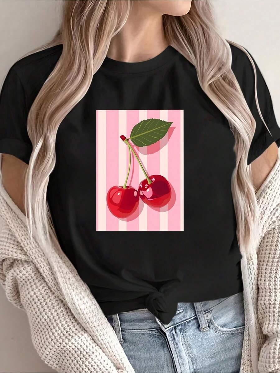 Women's Elegant Short-Sleeved Cherry Pattern T-Shirt, Casual Round Neck Top Suitable For All Seasons, Available In Various Colors And Sizes. - Black - View 1