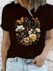 Camiseta Casual de Mujer con Cuello Redondo y Manga Corta, Estilo Oversize con Estampado de Mariposas, Elegante y con Estilo - Negro - Ver 1
