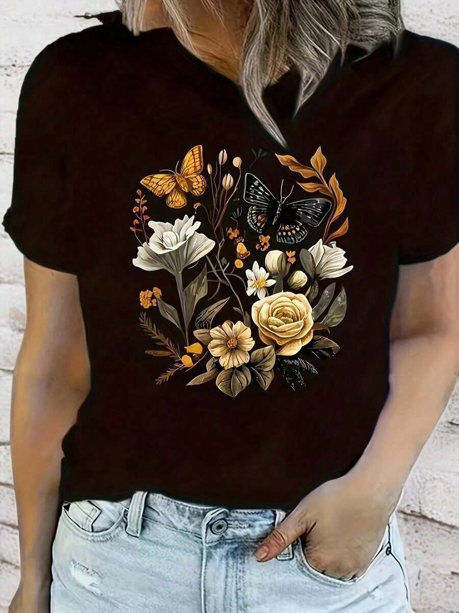 Camiseta Casual de Mujer con Cuello Redondo y Manga Corta, Estilo Oversize con Estampado de Mariposas, Elegante y con Estilo - Negro - Ver 1