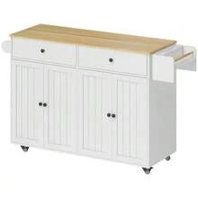 Mobile Kitchen Island, 2 Drawers, 2 Cupboards, Spice Rack, Towel Rail, Knife Holder, MDF, White - White - View 1
