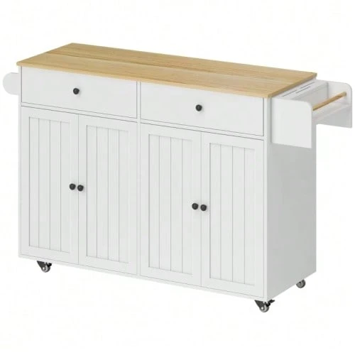 Mobile Kitchen Island, 2 Drawers, 2 Cupboards, Spice Rack, Towel Rail, Knife Holder, MDF, White - White - View 1