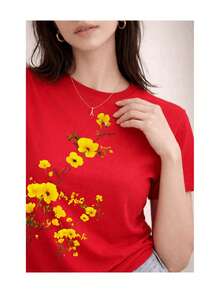 Soft 100% Cotton Women's T-Shirt, Yellow Floral Print, Minimalist, Soft Touch, Short Sleeve, Round Neck, Spring Summer, Casual, Comfortable For Everyday Wear, Breathable Cotton T-Shirt, Matches Everything, Cool. - 紅色 - 查看 2