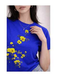 Soft 100% Cotton Women's T-Shirt, Yellow Floral Print, Minimalist, Soft Touch, Short Sleeve, Round Neck, Spring Summer, Casual, Comfortable For Everyday Wear, Breathable Cotton T-Shirt, Matches Everything, Cool. - 藍色 - 查看 2