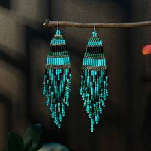 AHAYA Handmade Geometric Long Tube Bead Earrings, Fashion Tassel Drop Earrings With Glass Beads, Versatile Beaded Earrings Suitable For Daily Wear And Vacation - Blue - View 1