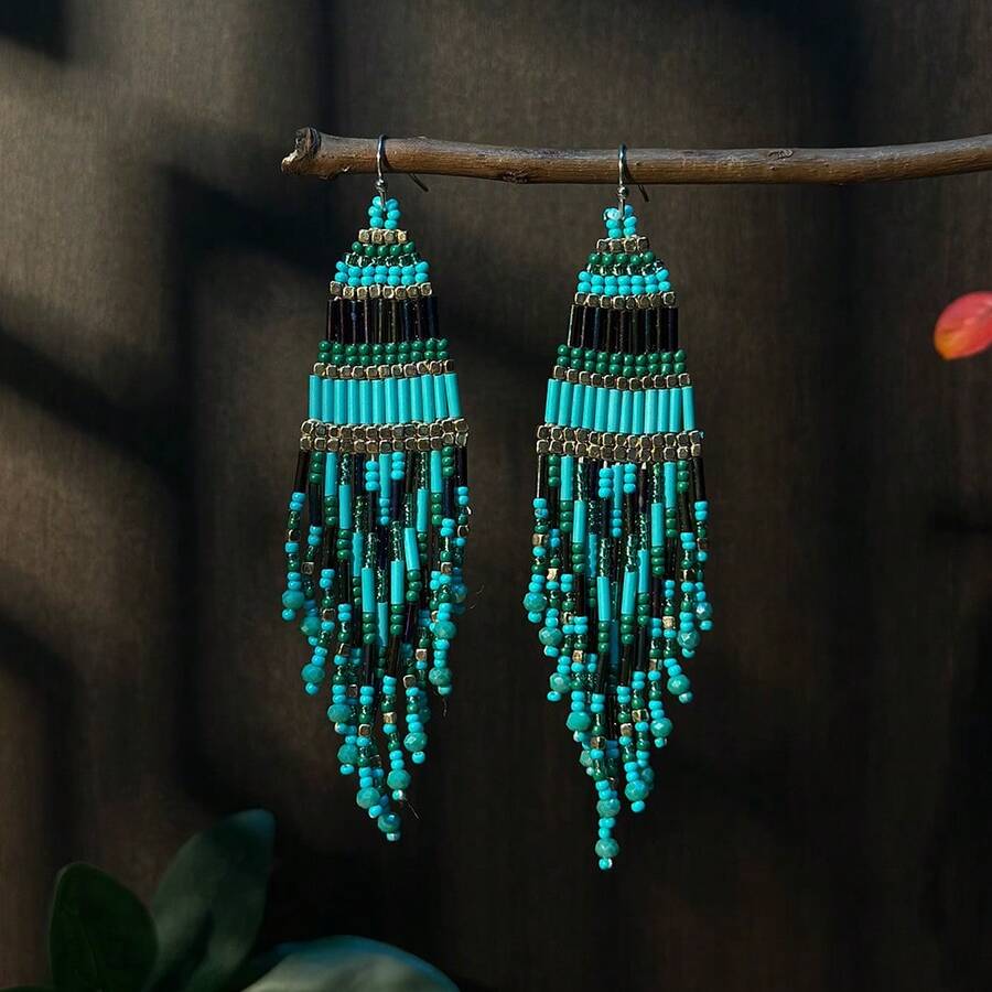 AHAYA Handmade Geometric Long Tube Bead Earrings, Fashion Tassel Drop Earrings With Glass Beads, Versatile Beaded Earrings Suitable For Daily Wear And Vacation - Blue - View 1