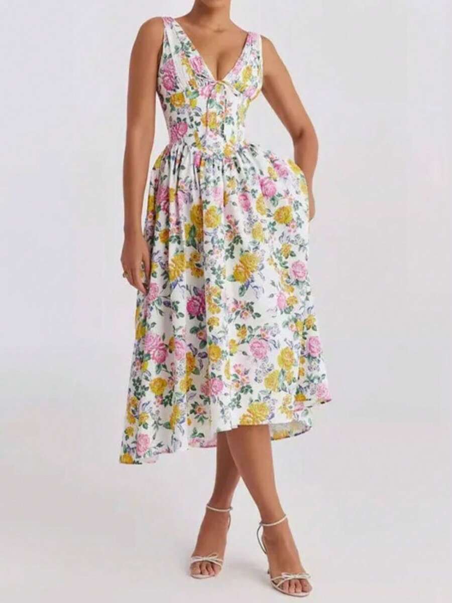 Elegant Modern Long Strapless Printed Backless Dress, New Spring Collection, European Style For Women - Gold - View 1