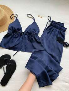 casual de 2 piezas de mujer con rayas tejidas, para primavera/verano - Azul marino - Ver 7