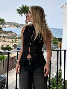 ZAHM Gilet in pizzo nero stile cinese | Gilet senza maniche con colletto alto e bottoni a rana | Top elegante da stratificazione per primavera/estate, stile vintage - nero - Visualizzare 8