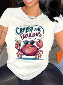 Women's Short Sleeve T-Shirt, Women's Holiday Clothes, Fitted T-Shirt With Funny Crab Print - Opaque Fabric Round Neck Top, Stylish Crab With Glasses Design, Slightly Stretchy And Comfortable, Suitable For Beach, Parties And Casual Daily Wear - Machine Washable All Season Short Sleeve T-Shirt, Weekend Style, Funny Slogan, Stretchy Material, Plus Size For Adults, Retro Summer T-Shirt With Funny Holiday Print. - 白色 - 查看 1