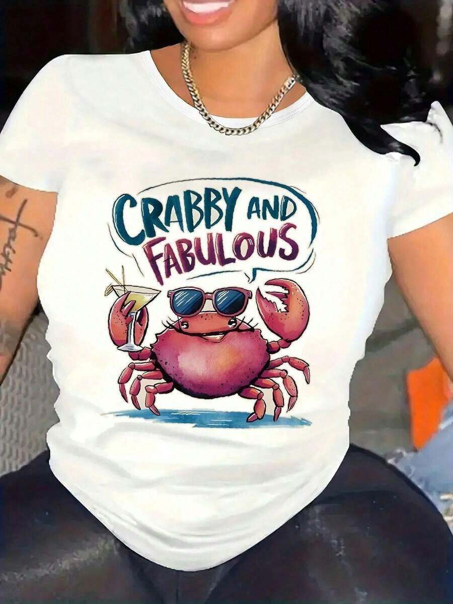 Women's Short Sleeve T-Shirt, Women's Holiday Clothes, Fitted T-Shirt With Funny Crab Print - Opaque Fabric Round Neck Top, Stylish Crab With Glasses Design, Slightly Stretchy And Comfortable, Suitable For Beach, Parties And Casual Daily Wear - Machine Washable All Season Short Sleeve T-Shirt, Weekend Style, Funny Slogan, Stretchy Material, Plus Size For Adults, Retro Summer T-Shirt With Funny Holiday Print. - 白色 - 查看 1