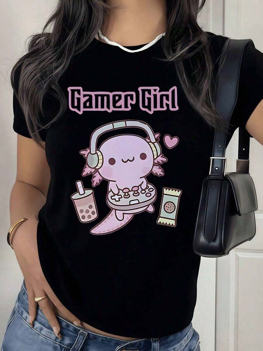 Under The Radarcon estampado digital de ajolote gamer con auriculares y bebidas Camiseta de mujer con cuello redondo temática de videojuegos de 100% algodón estilo juvenil diseño casual-Vintage Street Style Unisex Loose Cotton Short Sleeve Crew Neck T-Shirt - Negro - Ver 1