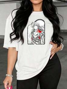 Under The RadarCamiseta holgada para mujer en negro y blanco con estampado de personaje anime y detalles en rojo. Estilo streetwear vintage en algodón, ideal para verano, uso casual, looks navideños y atuendos elegantes.-Vintage Street Style Unisex Loose Cotton Short Sleeve Crew Neck T-Shirt - Blanco - Ver 1