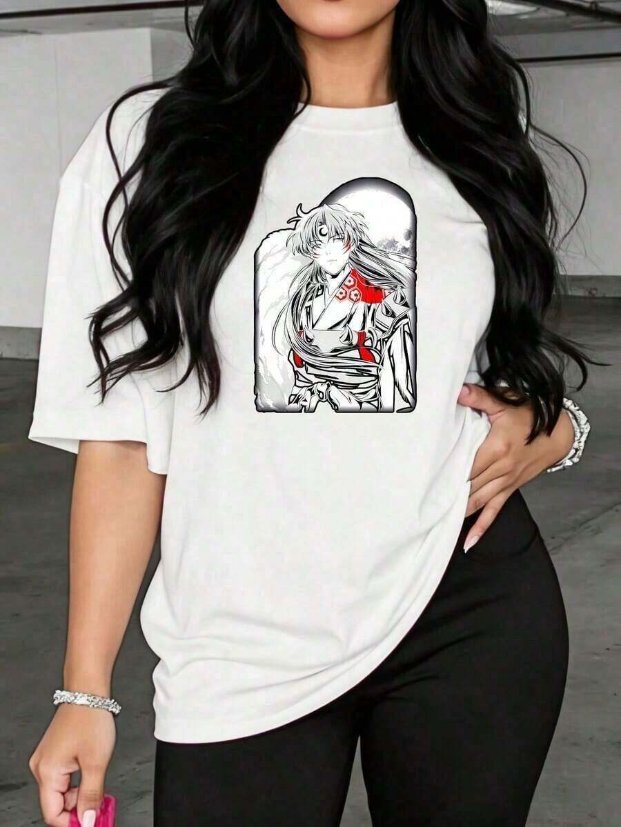 Under The RadarCamiseta holgada para mujer en negro y blanco con estampado de personaje anime y detalles en rojo. Estilo streetwear vintage en algodón, ideal para verano, uso casual, looks navideños y atuendos elegantes.-Vintage Street Style Unisex Loose Cotton Short Sleeve Crew Neck T-Shirt - Blanco - Ver 1