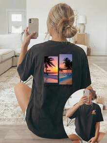 Esta camiseta de mujer presenta una impresión a doble cara con mangas cortas y cuello redondo, mostrando dos imágenes de palmeras y un atardecer en la playa, acompañadas de texto en inglés en la parte inferior. Es lavable a máquina, adecuada para uso casual. Traje de playa para damas / Chica veraniega / Estilo vacacional con plantas tropicales verdes / Paseo por la playa, edición limitada de verano / Versión fresca y cómoda para viajes de verano - Negro - Ver 7