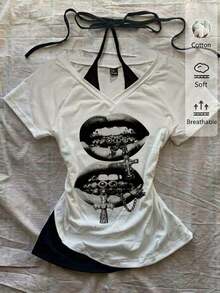 Camiseta de mujer casual de cuello en V retro, con atar, de manga corta y contraste de color, adecuada para el verano - Blanco 7 - Ver 7